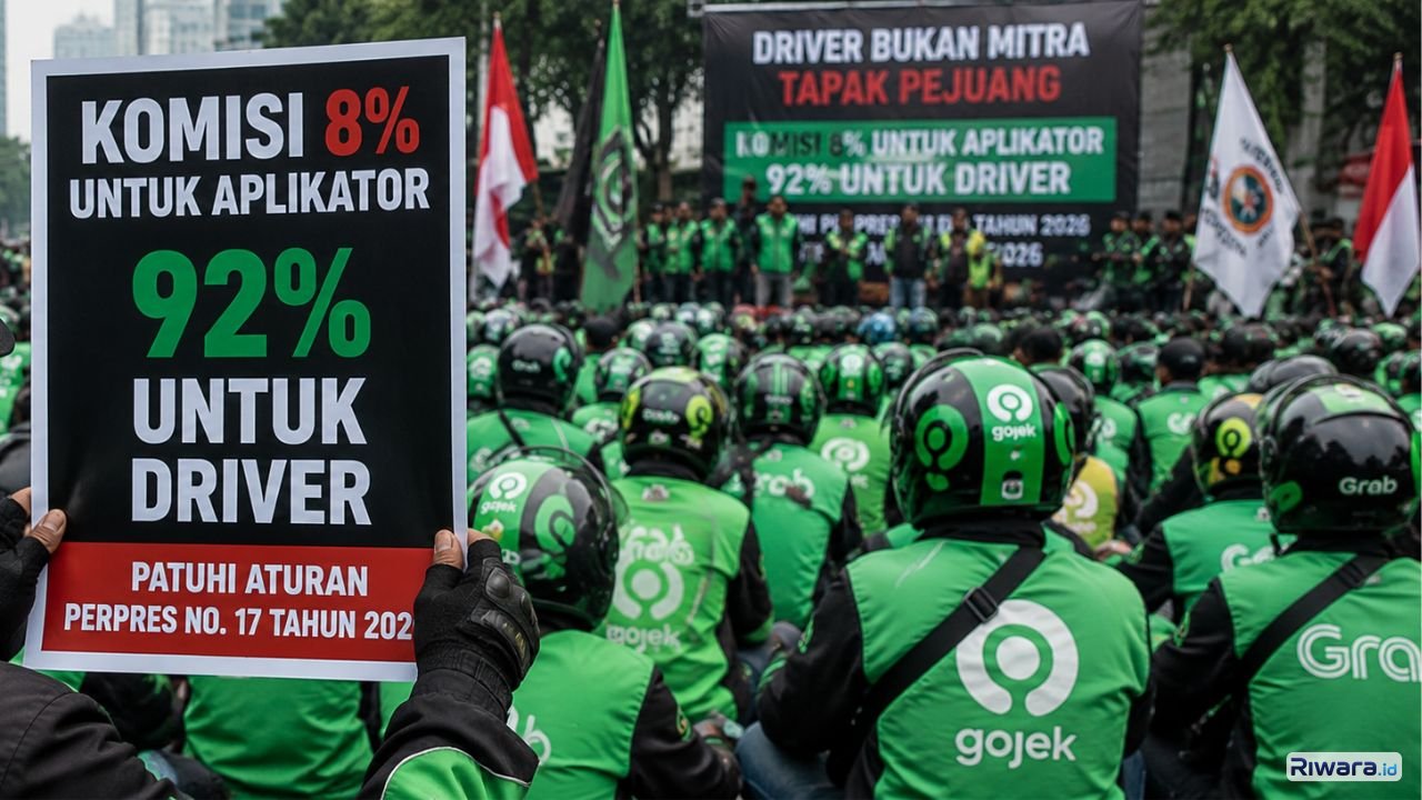 Pengemudi ojol menuntut aplikator mematuhi aturan pembagian komisi 8 persen untuk perusahaan dan 92 persen bagi driver sesuai Peraturan Presiden Nomor 17 Tahun 2026